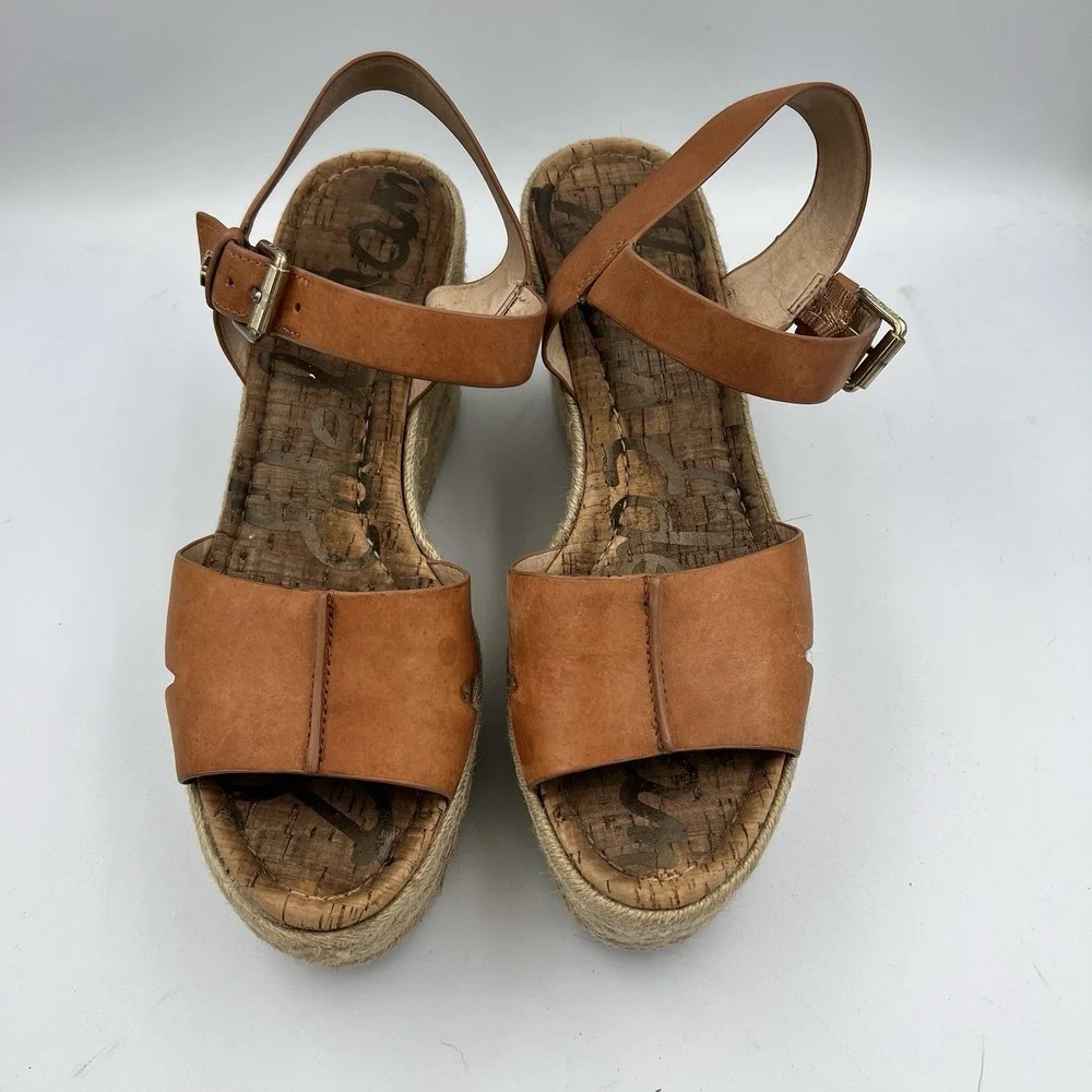 Sam Edelman Maura Espadrille Wedge Sandals Tan Brown Leather Size 9.5 M